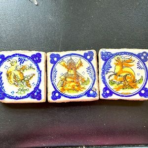 3 Vtg tiles. Authentic. Windmill Motif suggests Holland origin. 3x3 + .5 thick.